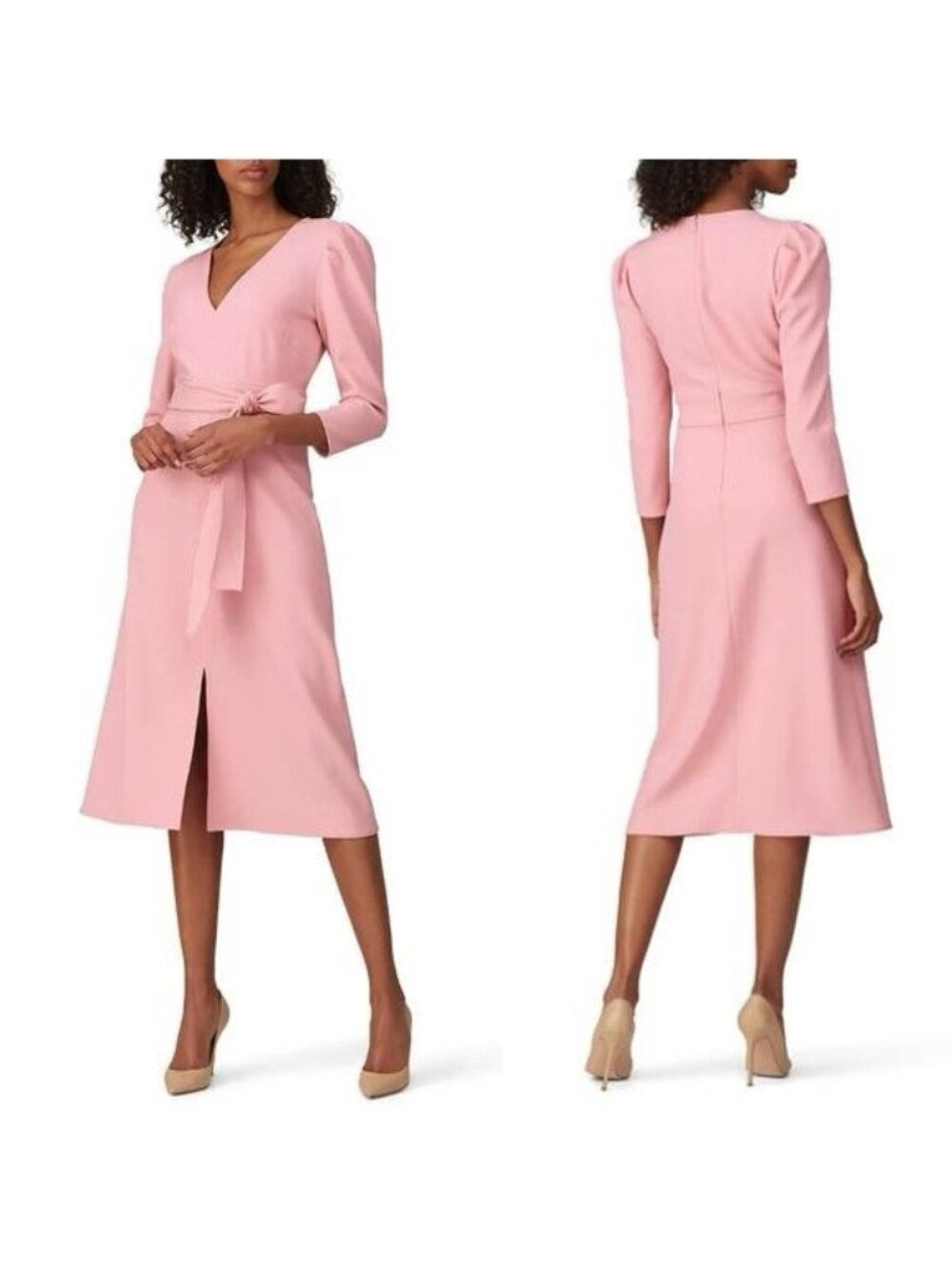 Shoshanna Damia Faux Belted Dress 2 Pink Blush Crepe Front Slit Vneck